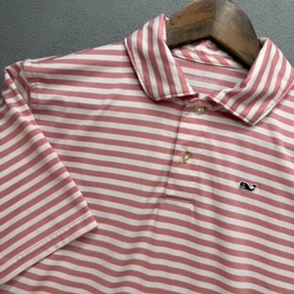 Vineyard Vines Polo Kids XL Pink Striped Performance Short Sleeve Whale Logo